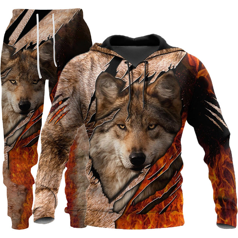 3D Wolf Print Tracksuit Men Sportswear Hooded Sweatsuit Two Piece Outd