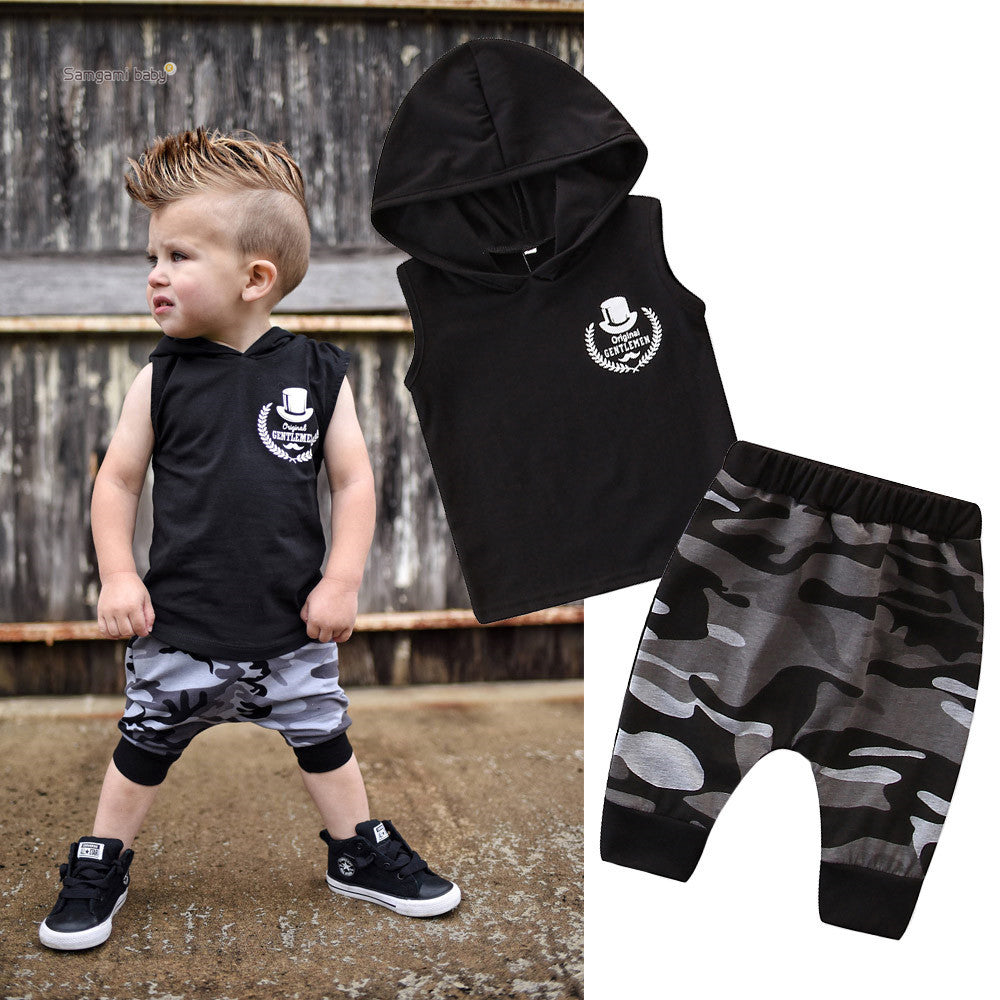 2PCS Toddler Kids Baby Boy Sleeveless Hooded Clothes T-shirt Tops Camo