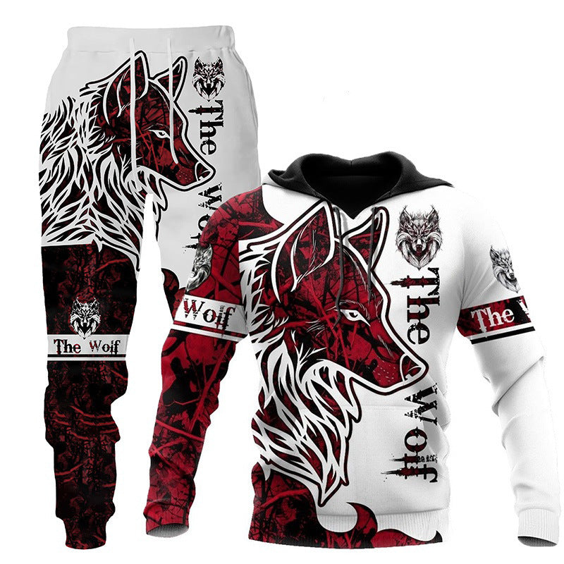 3D Wolf Print Tracksuit Men Sportswear Hooded Sweatsuit Two Piece Outd