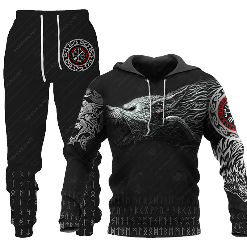 3D Wolf Print Tracksuit Men Sportswear Hooded Sweatsuit Two Piece Outd