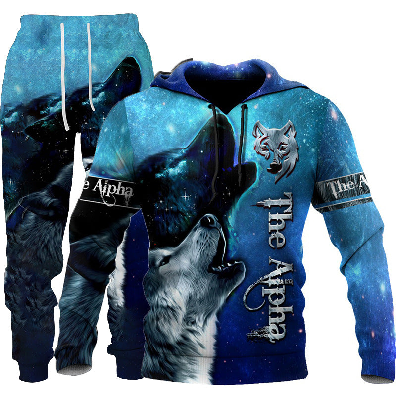 3D Wolf Print Tracksuit Men Sportswear Hooded Sweatsuit Two Piece Outd