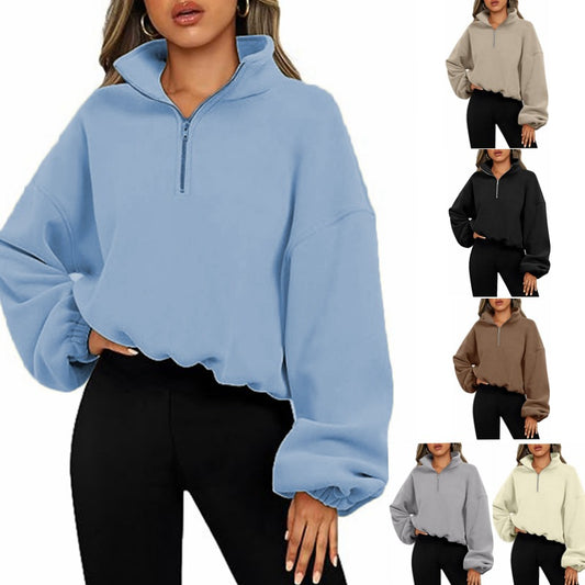 Loose Sport Pullover Hoodie Women Winter Solid Color Zipper Stand Coll