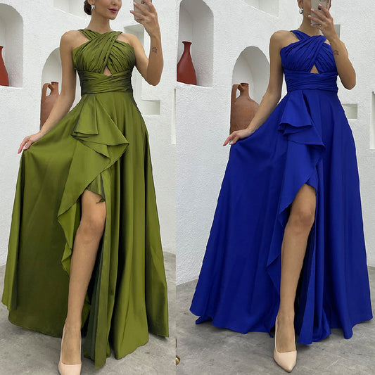 Sleeveless Solid Color Irregular Long Dress  Formal For Women