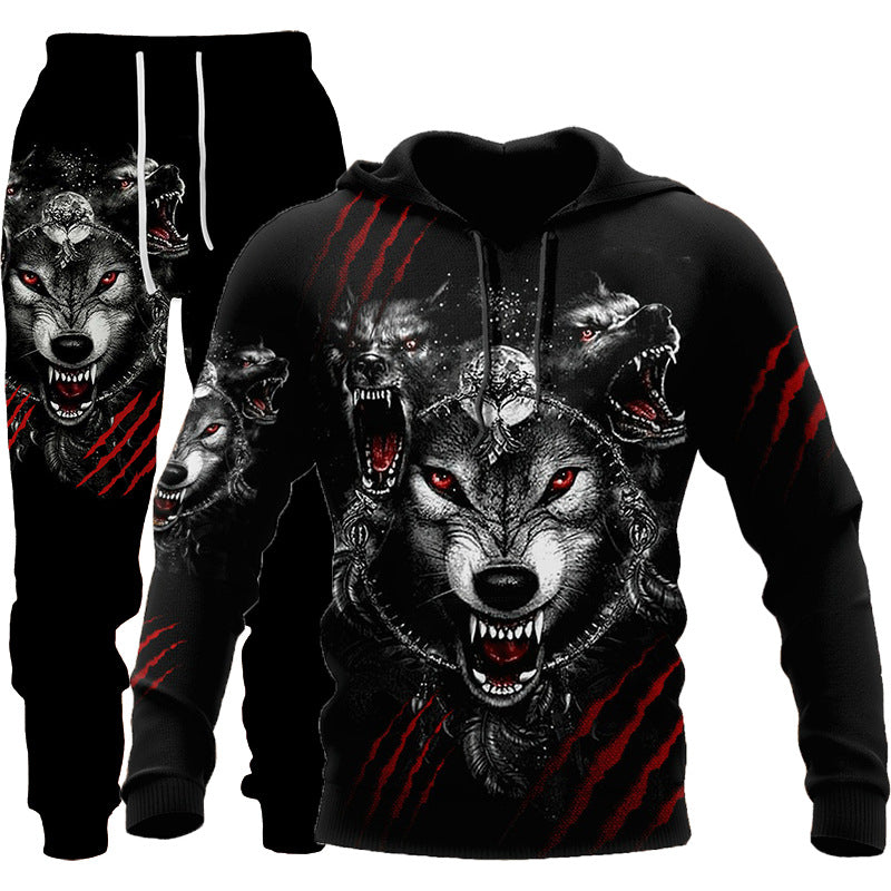 3D Wolf Print Tracksuit Men Sportswear Hooded Sweatsuit Two Piece Outd