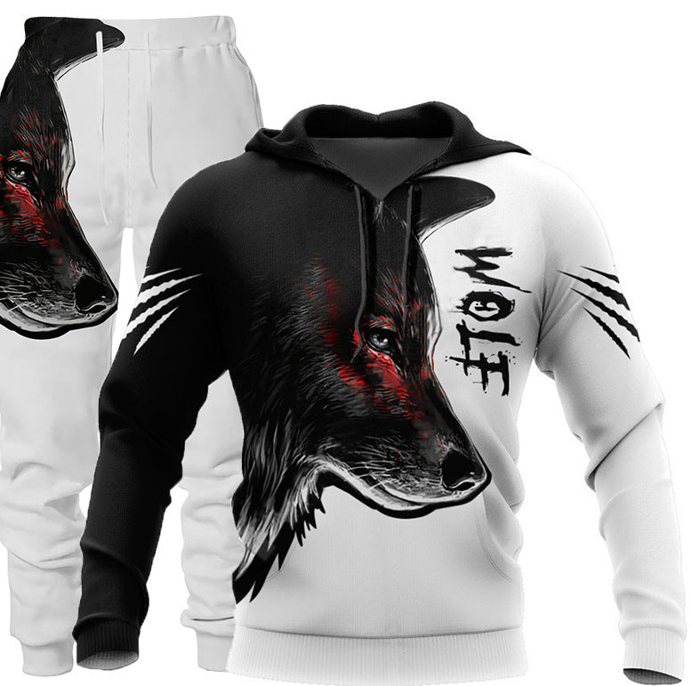 3D Wolf Print Tracksuit Men Sportswear Hooded Sweatsuit Two Piece Outd