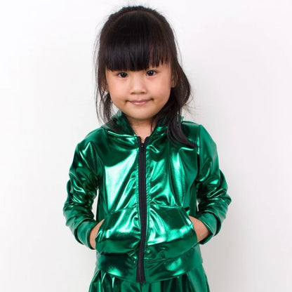 New 2021 Spring Autumn Kids Green With Pockets Bomber Jacket Stage Performance Wear Paillette Feminina Casaco Hip Hop Dance Coat