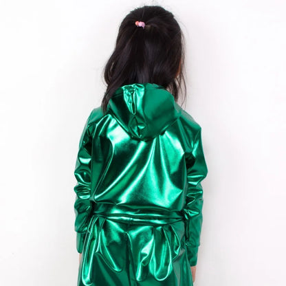 New 2021 Spring Autumn Kids Green With Pockets Bomber Jacket Stage Performance Wear Paillette Feminina Casaco Hip Hop Dance Coat