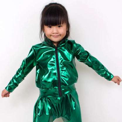 New 2021 Spring Autumn Kids Green With Pockets Bomber Jacket Stage Performance Wear Paillette Feminina Casaco Hip Hop Dance Coat