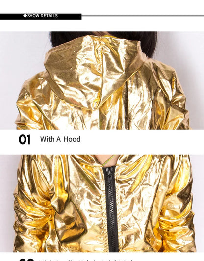 Spring Autumn Kids Gold  bomber Jacket Stage Performance Wear paillette feminina casaco Hip Hop dance coat