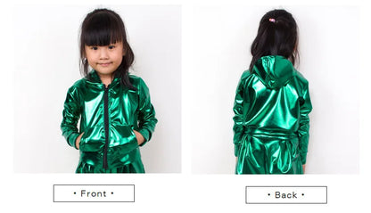 New 2021 Spring Autumn Kids Green With Pockets Bomber Jacket Stage Performance Wear Paillette Feminina Casaco Hip Hop Dance Coat