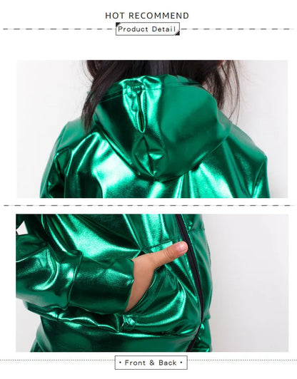 New 2021 Spring Autumn Kids Green With Pockets Bomber Jacket Stage Performance Wear Paillette Feminina Casaco Hip Hop Dance Coat