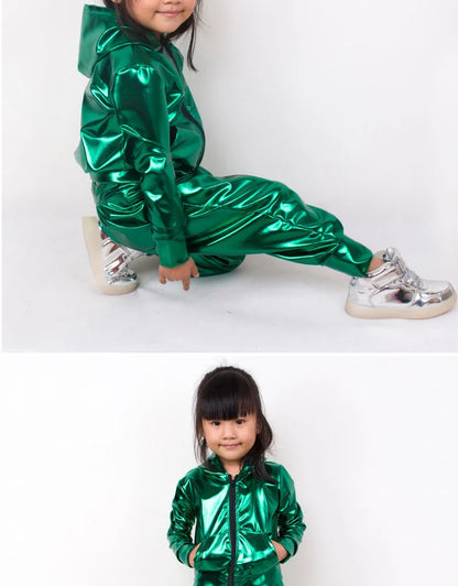 New 2021 Spring Autumn Kids Green With Pockets Bomber Jacket Stage Performance Wear Paillette Feminina Casaco Hip Hop Dance Coat