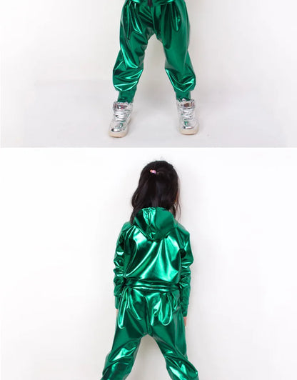 New 2021 Spring Autumn Kids Green With Pockets Bomber Jacket Stage Performance Wear Paillette Feminina Casaco Hip Hop Dance Coat