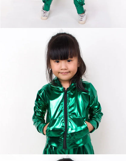 New 2021 Spring Autumn Kids Green With Pockets Bomber Jacket Stage Performance Wear Paillette Feminina Casaco Hip Hop Dance Coat