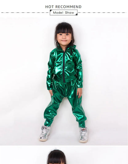 New 2021 Spring Autumn Kids Green With Pockets Bomber Jacket Stage Performance Wear Paillette Feminina Casaco Hip Hop Dance Coat