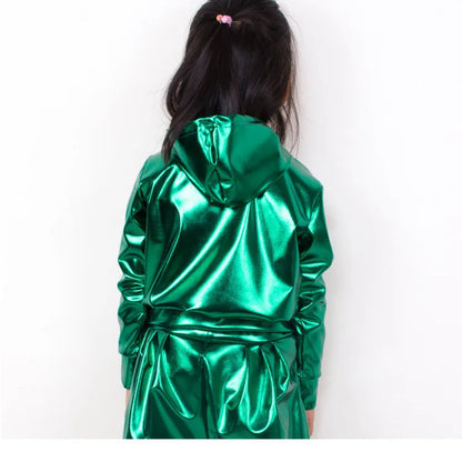 New 2021 Spring Autumn Kids Green With Pockets Bomber Jacket Stage Performance Wear Paillette Feminina Casaco Hip Hop Dance Coat