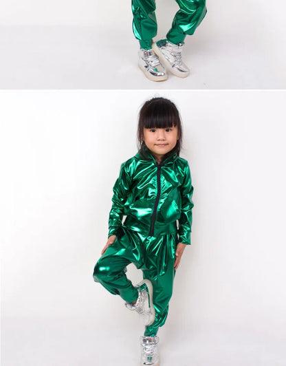 New 2021 Spring Autumn Kids Green With Pockets Bomber Jacket Stage Performance Wear Paillette Feminina Casaco Hip Hop Dance Coat