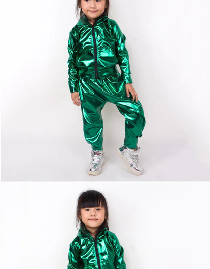 New 2021 Spring Autumn Kids Green With Pockets Bomber Jacket Stage Performance Wear Paillette Feminina Casaco Hip Hop Dance Coat