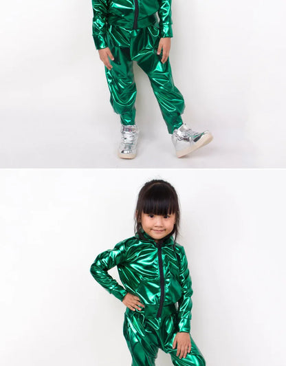 New 2021 Spring Autumn Kids Green With Pockets Bomber Jacket Stage Performance Wear Paillette Feminina Casaco Hip Hop Dance Coat