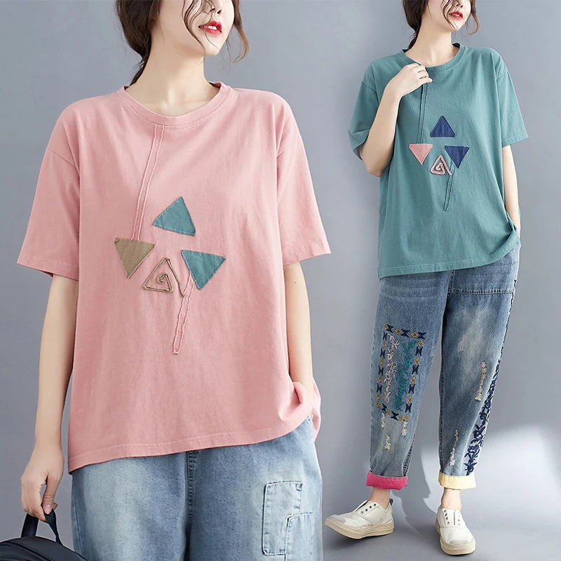 2024 New Arrival Korea Style Patchwork O-neck Short Sleeve Loose Summer T Shirts Tops Plus Size Women Casual T-shirt Tees Shirts