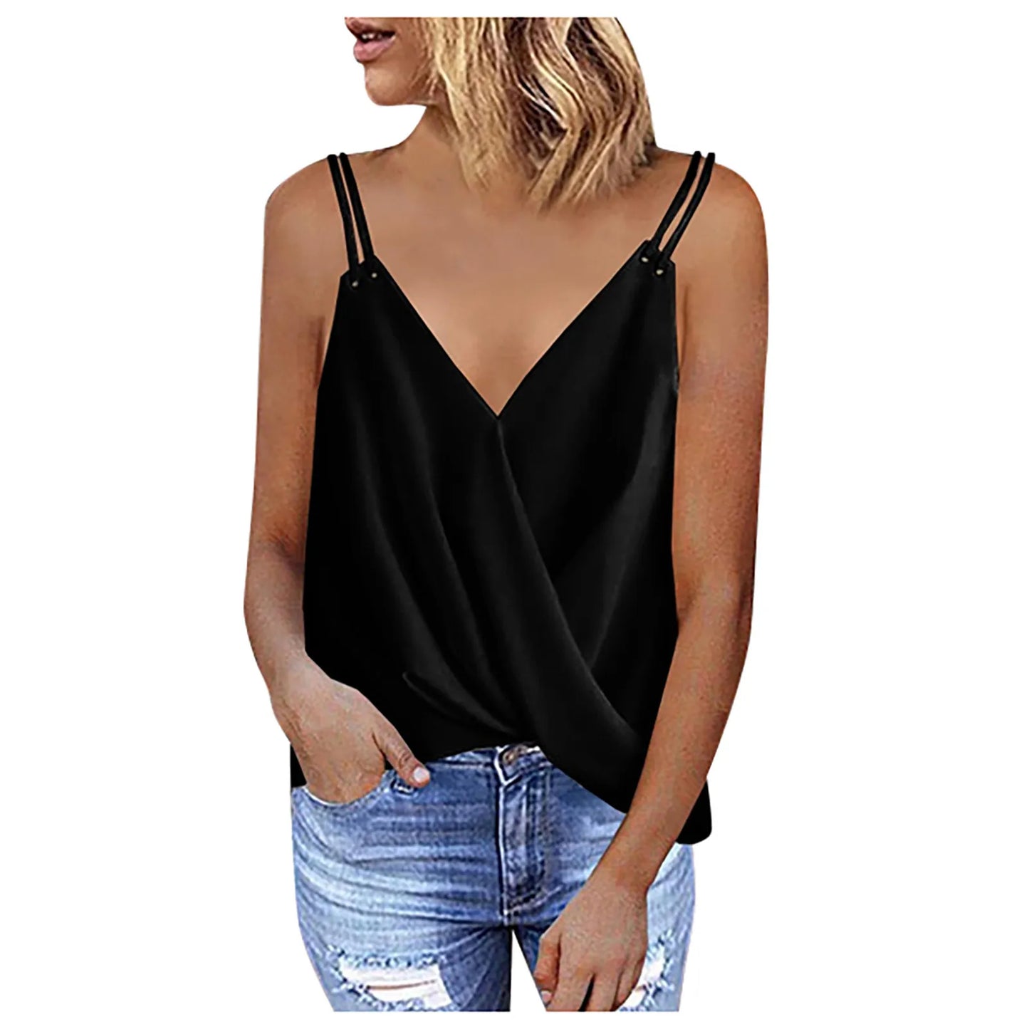 2021 Vest Women Fashion double Spaghetti Strap Sleeveless Tank Top Ladies Sexy Deep V-neck Vest Debardeur Femme