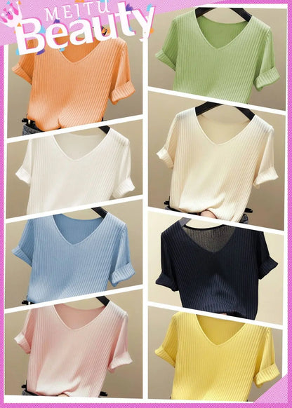 Women 2022 new V-neck short-sleeved T shirt Summer Thin Office Lady Cloth Short Sleeve slim Tops spring summer solid T-shirts