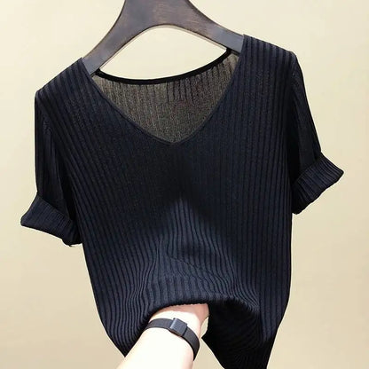 Orange beauty Summer Thin Ventilation Office Lady Cloth Women T-shirts Knitting Crop Short Sleeve Stretchy T-shirt Ice silk Tops