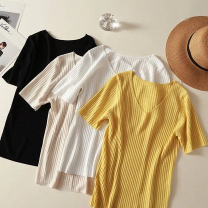 Women 2022 new V-neck short-sleeved T shirt Summer Thin Office Lady Cloth Short Sleeve slim Tops spring summer solid T-shirts