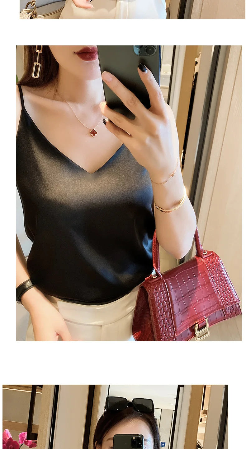 2023 Summer Camisole Slim Vest Sexy Women Sleeveless V-Neck Gray Tee Tank Tops Female Solid Black/White Korean Crop Tops Y2k