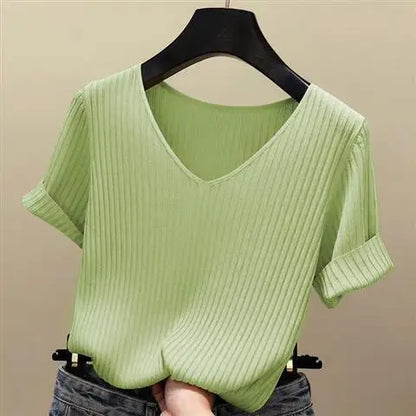 Orange beauty Summer Thin Ventilation Office Lady Cloth Women T-shirts Knitting Crop Short Sleeve Stretchy T-shirt Ice silk Tops