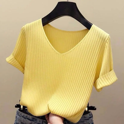 Orange beauty Summer Thin Ventilation Office Lady Cloth Women T-shirts Knitting Crop Short Sleeve Stretchy T-shirt Ice silk Tops