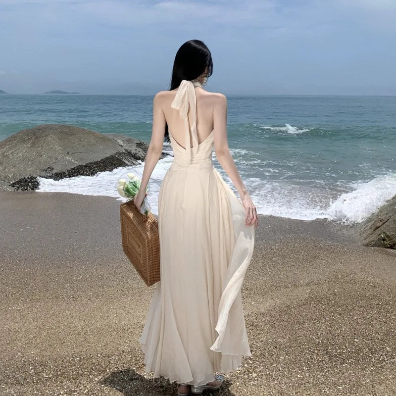 Summer Sleeveless Halter Long White Maxi Dress Elegant Tight Waist V-neck Beach Dress Robes Du Soir Evening Dresses Wedding Prom