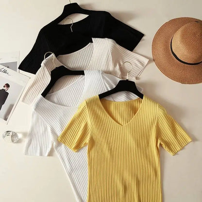 Women 2022 new V-neck short-sleeved T shirt Summer Thin Office Lady Cloth Short Sleeve slim Tops spring summer solid T-shirts