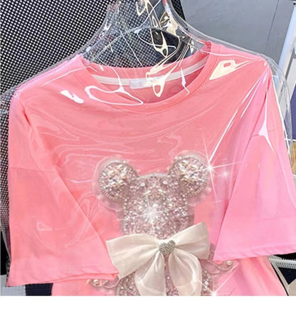 Sweet Pink Cotton T-shirt Heavy Handmade Diomand Shiny Bowknot Bear Cartoon Graphic T Shirt Summer Tees Top Accessories Clothes