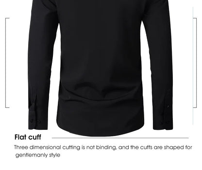 Plus 6XL Men's Social Shirt New Autumn Spring Business Dress Shirts Non-iron Casual Solid Vertical Black Slim Fit Elastic Clothe