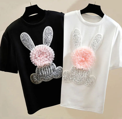 Sweet Pink Cotton T-shirt Heavy Handmade Diomand Shiny Bowknot Bear Cartoon Graphic T Shirt Summer Tees Top Accessories Clothes