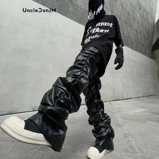 RHNDE Pleated Leather Pants Men Motorcycle Leather Pants for Men Street Wear Faux Leather Pants Men HIP HOP