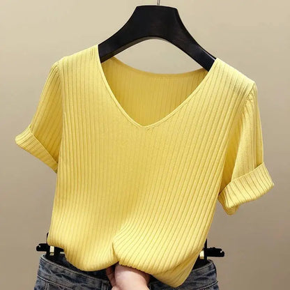 Women 2022 new V-neck short-sleeved T shirt Summer Thin Office Lady Cloth Short Sleeve slim Tops spring summer solid T-shirts