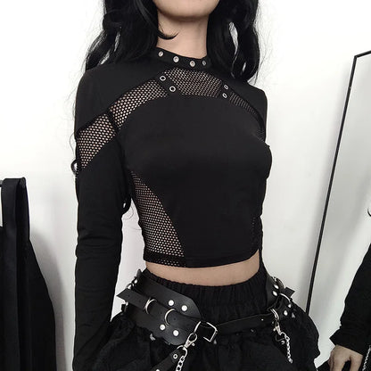 Cyber Gothic Fishnet Patches T-shirts Crop Tops Black Eyelet Fashion Clothe