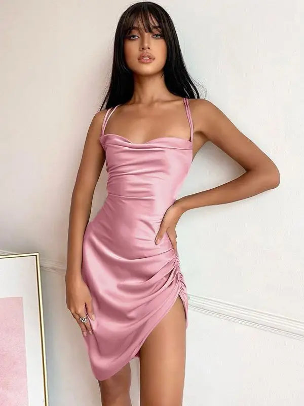 Dulzura Satin Women Strap Mini Dress Ruched Lace Up Cross Bandage Backless Bodycon Sexy Party Elegant 2023 Club Christmas Slim