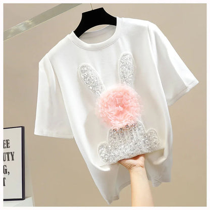 Sweet Pink Cotton T-shirt Heavy Handmade Diomand Shiny Bowknot Bear Cartoon Graphic T Shirt Summer Tees Top Accessories Clothes