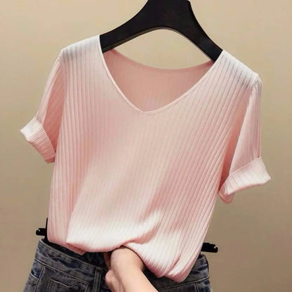 Orange beauty Summer Thin Ventilation Office Lady Cloth Women T-shirts Knitting Crop Short Sleeve Stretchy T-shirt Ice silk Tops