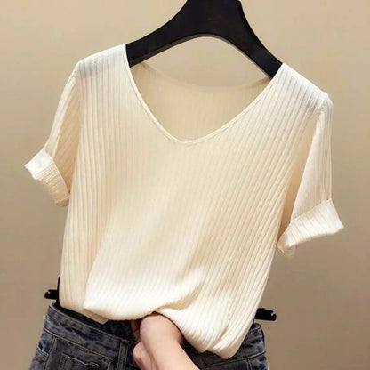 Orange beauty Summer Thin Ventilation Office Lady Cloth Women T-shirts Knitting Crop Short Sleeve Stretchy T-shirt Ice silk Tops