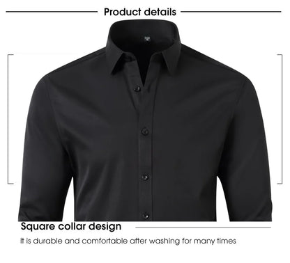 Plus 6XL Men's Social Shirt New Autumn Spring Business Dress Shirts Non-iron Casual Solid Vertical Black Slim Fit Elastic Clothe