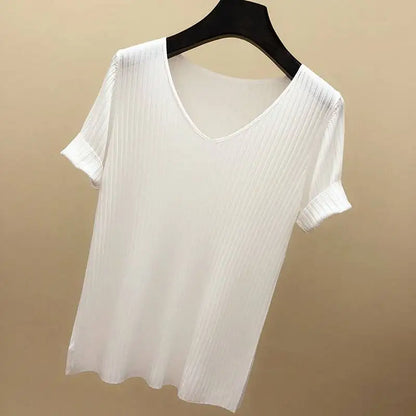 Women 2022 new V-neck short-sleeved T shirt Summer Thin Office Lady Cloth Short Sleeve slim Tops spring summer solid T-shirts