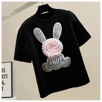 Sweet Pink Cotton T-shirt Heavy Handmade Diomand Shiny Bowknot Bear Cartoon Graphic T Shirt Summer Tees Top Accessories Clothes