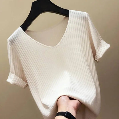 Women 2022 new V-neck short-sleeved T shirt Summer Thin Office Lady Cloth Short Sleeve slim Tops spring summer solid T-shirts