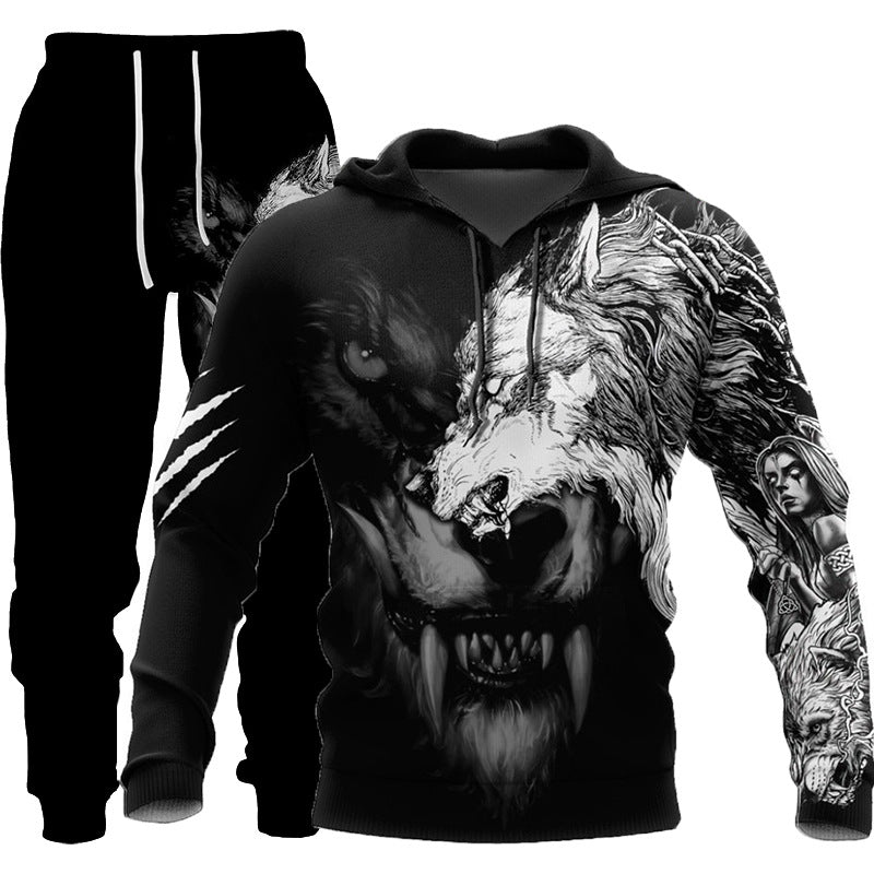 3D Wolf Print Tracksuit Men Sportswear Hooded Sweatsuit Two Piece Outd