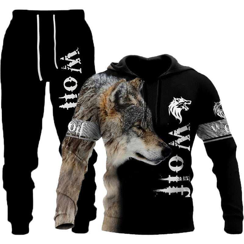 3D Wolf Print Tracksuit Men Sportswear Hooded Sweatsuit Two Piece Outd