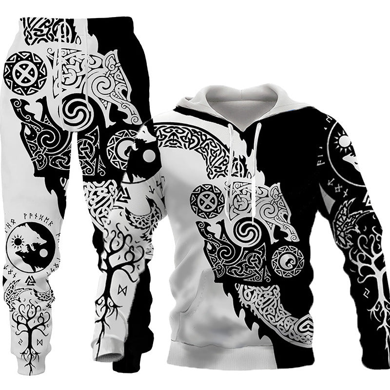 3D Wolf Print Tracksuit Men Sportswear Hooded Sweatsuit Two Piece Outd